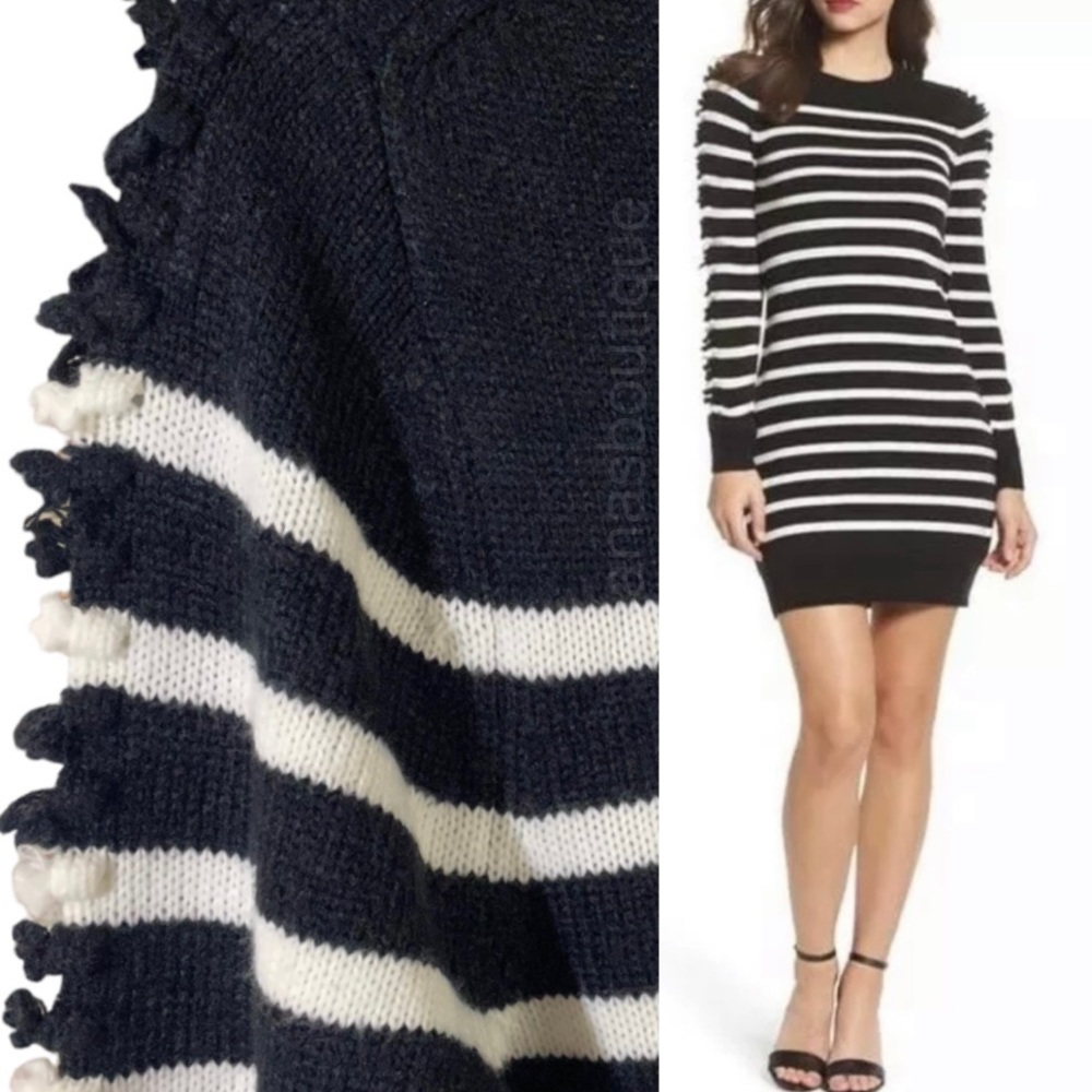 Eliza J striped acrylic sweater dress long sleeve pompom detail women Size Large